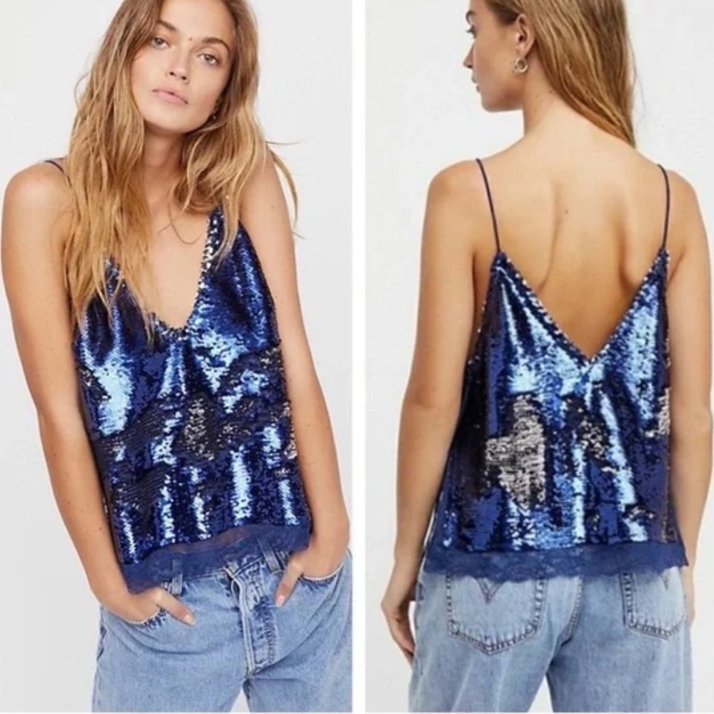 Free People Blue Sequin Tank Lace Trim Cami